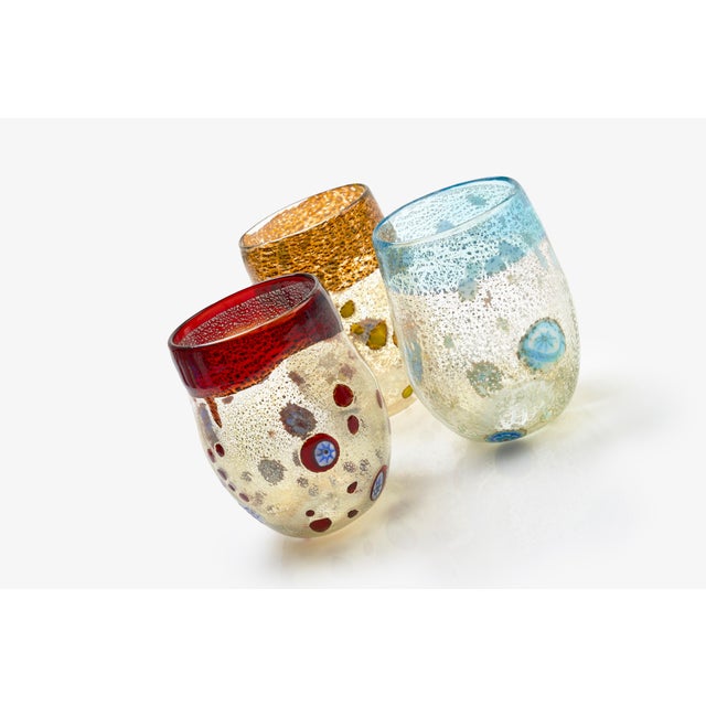 Stupendous set of "botticelli" water glasses: also perfect for tequila: six different murano colors. A fantastic example...