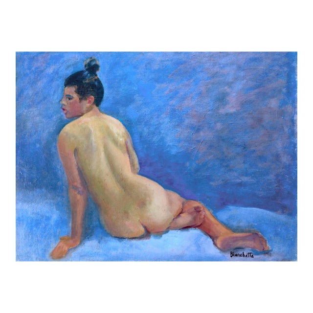 Mid Century Nude Study, Reclining Figure on Blue Original Oil by Jon Blanchette For Sale