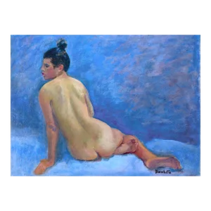 Mid Century Nude Study, Reclining Figure on Blue Original Oil by Jon Blanchette