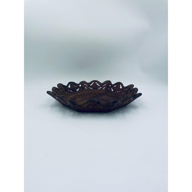 Vintage Indian Wooden Decorative Tray. This octagonal tray features a hand-cut, openwork edge and a hand-carved floral...