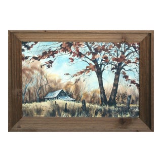 1960s Mid Century Rural Farmhouse Landscape Watercolor Painting with Barn by Kay Swanson For Sale