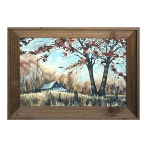 1960s Mid Century Rural Farmhouse Landscape Watercolor Painting with Barn by Kay Swanson