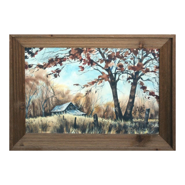 850 1960s Mid Century Rural Farmhouse Landscape Watercolor Painting With Barn by Kay Swanson For Sale