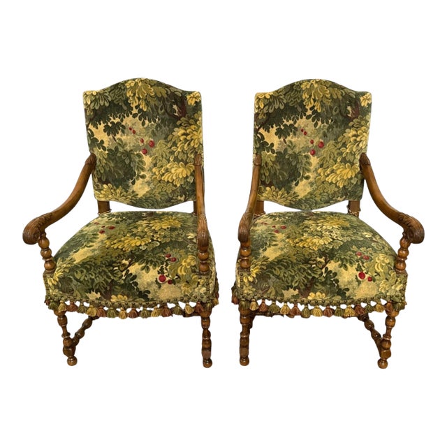 Pair of Late 20th Century French Louis XVI Style Armchairs, Scalamandre Marley Forest Green Fabric & Trim For Sale