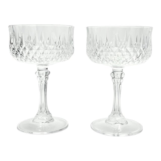 1990s Cristal D’Arques “Longchamp” Crystal Coupe Champagne Glasses - a Pair For Sale
