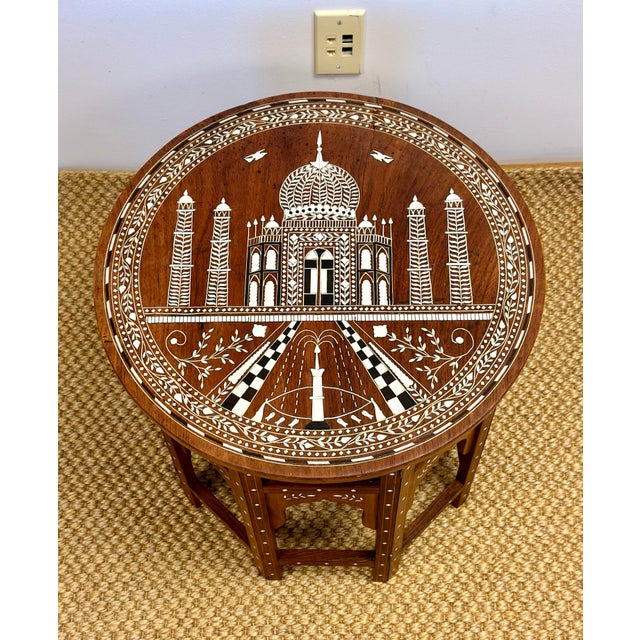 1950s Anglo-Indian Inlaid Taj Mahal Round Side Folding Tea Table For Sale - Image 11 of 11