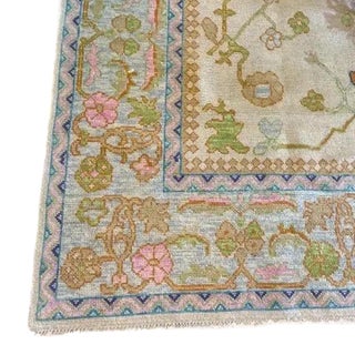 Modern Handknotted Oushak Rug in Bold Pink, Green & Orange with Blue Border, 8' x 10' For Sale