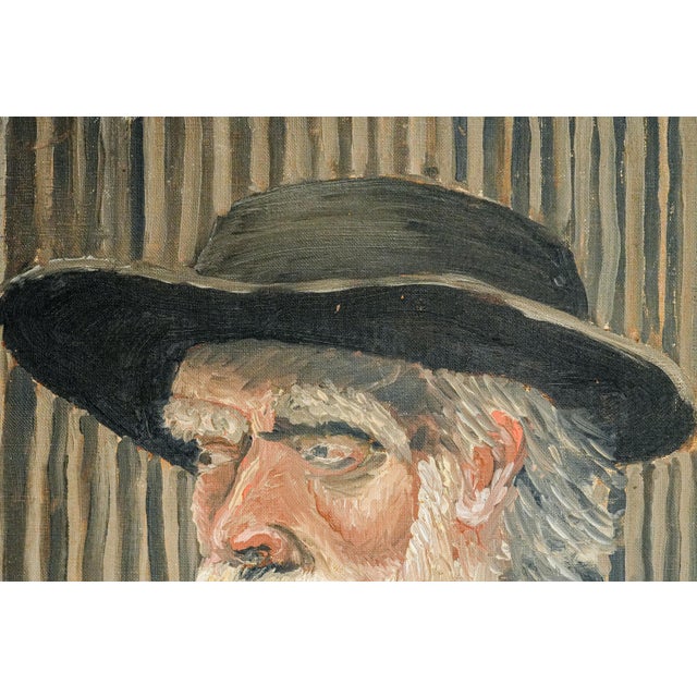 American Captivating Bearded Man With Hat Antique Oil Painting Rustic Home Decor For Sale - Image 3 of 15