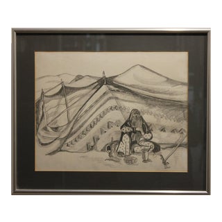 Mid 20th Century Graphite Sketch of a Woman in a Hijab In Front of a Tent For Sale