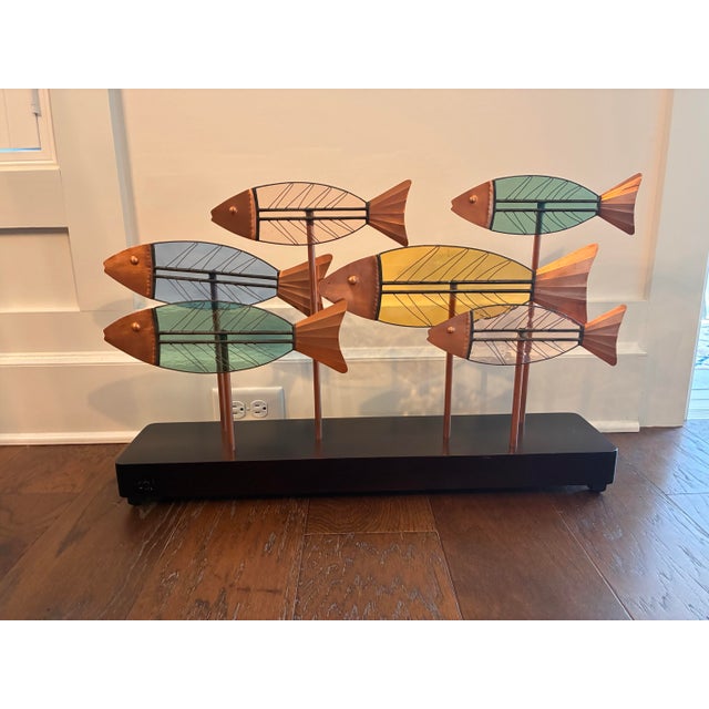 Vintage Leaded Slag Glass and Copper School of Fish Sculpture Styled After Curtis Jere For Sale - Image 9 of 11