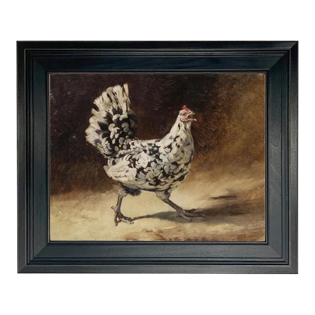 Black and White Chicken 11x14" Print on Canvas in Distressed Black Wood Frame For Sale