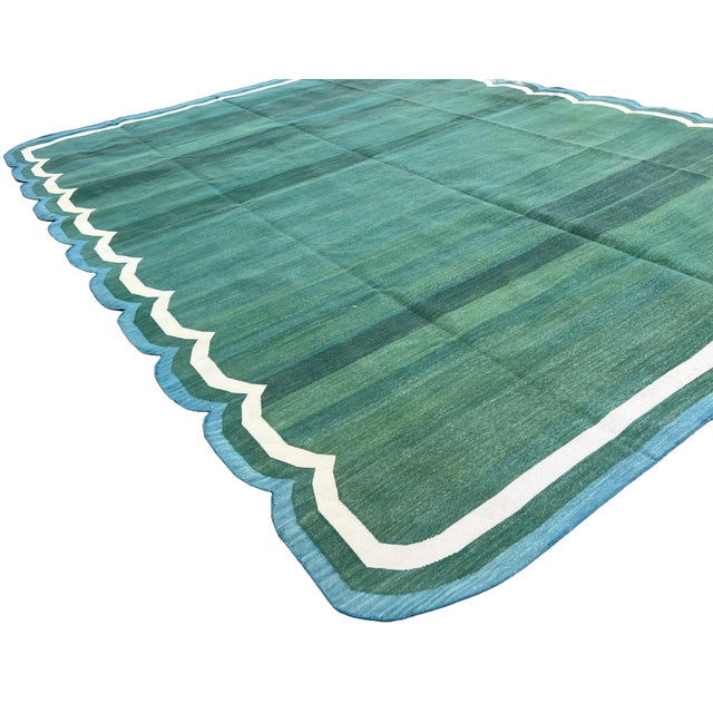 Handmade Cotton Area Vegetable Dyed Rug, Forest Green, Cream and Teal Blue Scalloped Dhurrie - 5'x7' For Sale - Image 6 of 10