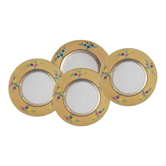 4 Copeland Blanc De Chine Spode Dinner Plates - Wide Yellow Rim Colorful Flowers For Sale
