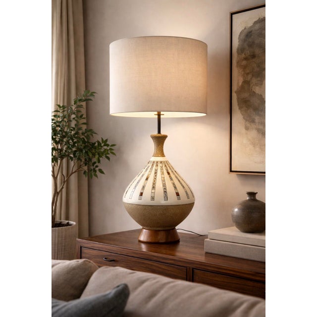 1962 Quartite Ceramic Table Lamp American mid-century modern ceramic table lamp by Quartite, dated 1962. Sculptural urn-...