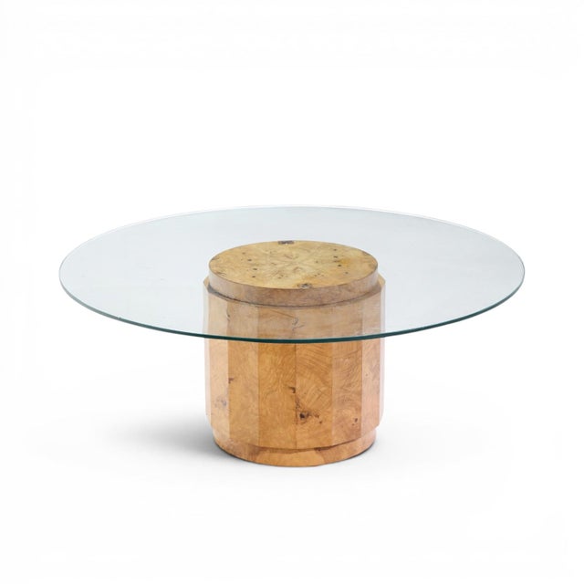 Edward Wormley for Dunbar Mid Century Burlwood Pedestal Drum Coffee Table This coffee table measures: 16.25 wide x 16.25...
