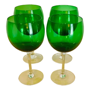 Vintage Mid Century Green Crystal Red Wine Glasses- Set of 4