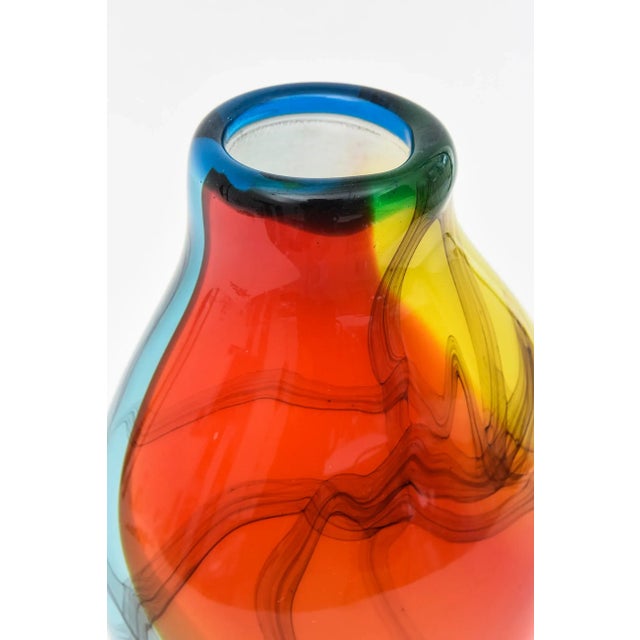 Red Vintage Murano Signed Italian Fratelli Glass Vase Orange Red, Turquoise, Blue, Yellow, Charcoal Black Vase, Vessel 80's For Sale - Image 8 of 12