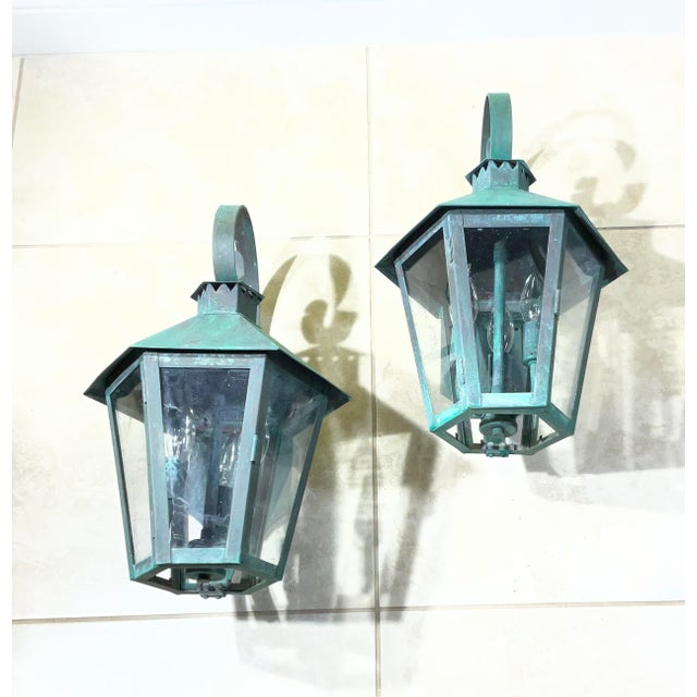 Vintage Solid Copper & Brass Outdoor Lantern Sconces / 18”h X 11”w X 12”d For Sale - Image 14 of 18