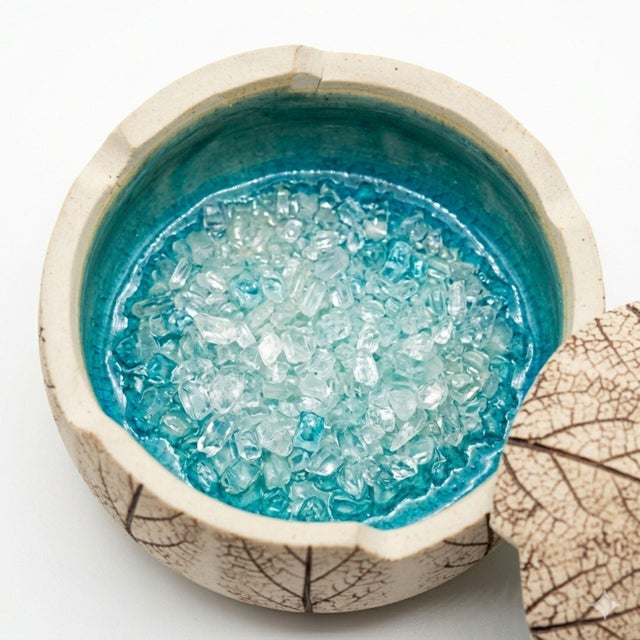 Vintage Studio Pottery Jewelry Box Lidded Leaf Imprint Ceramic Trinket Box Turquoise Interior For Sale - Image 4 of 7
