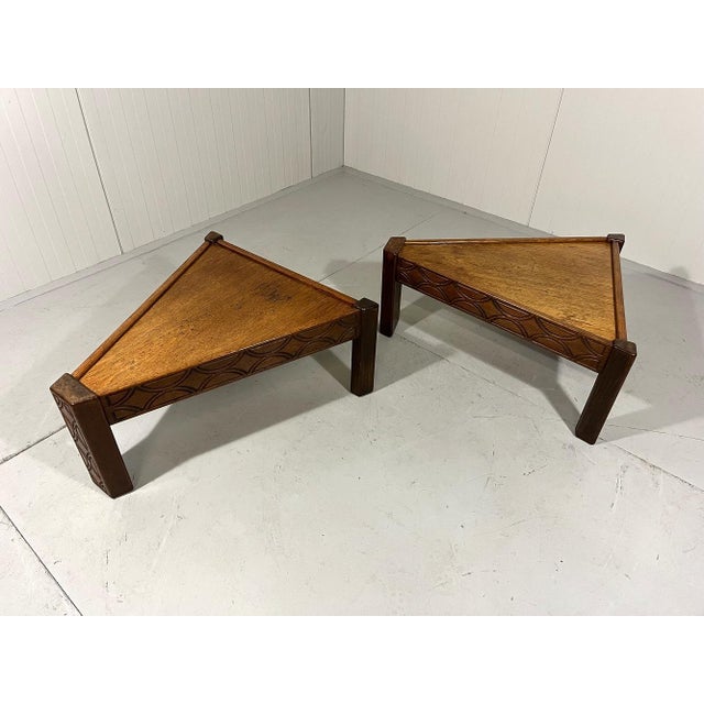 Brutalist Triangular Shaped Oak Coffee Side Tables, 1970s, Set of 2 For Sale - Image 13 of 18