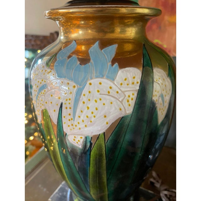 Asian Vintage Enamel Painted Iris Lamp For Sale - Image 3 of 10