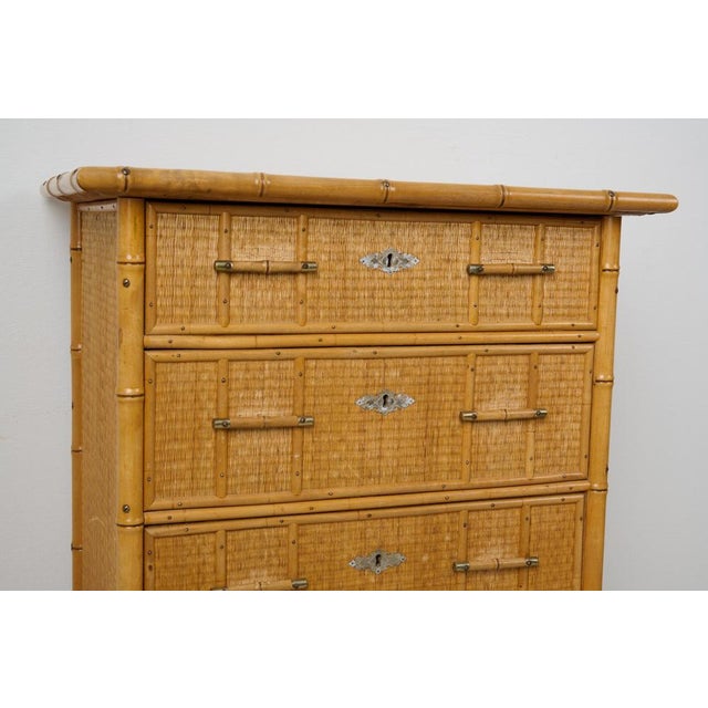 Wood Colonial Swedish Chest of Drawers with Rattan and Bamboo Decor, 1890s For Sale - Image 7 of 12