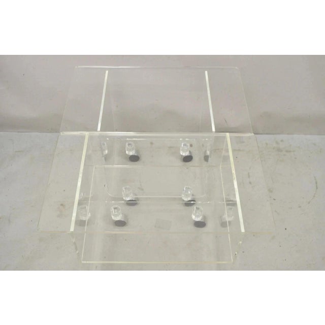 Transparent Vintage Clear Lucite Acrylic Mid Century Modern Rolling Side Tables - A Pair For Sale - Image 8 of 11