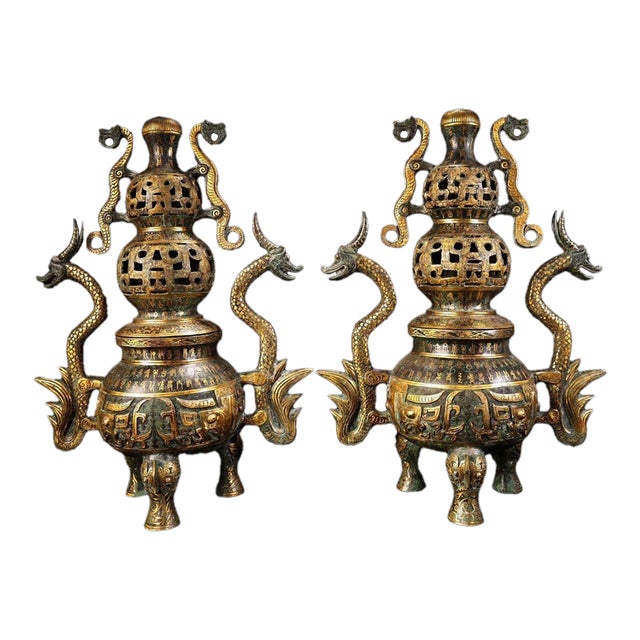 Monumental Pair of Chinese Gilt Bronze Double-Gourd Censers With Dragon Handles For Sale