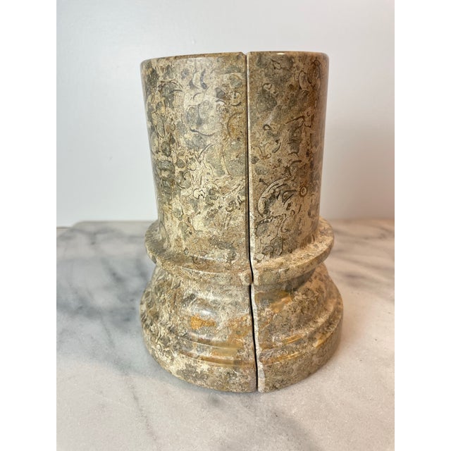 Tan 1980s Postmodern Fossil Stone Column Bookends Sculptural Natural Stone Pair For Sale - Image 8 of 11