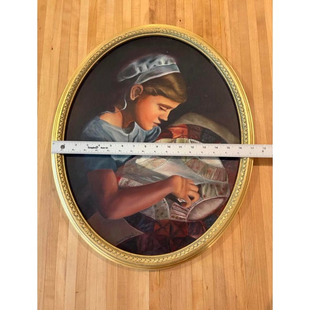 Paint 1990s Oil Painting the Quilter Portrait Signed Oval Gold Frame For Sale - Image 7 of 8
