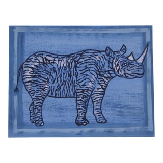 Rhinoceros in Blue With Border Illustration Experssionism Original Painting by Cleo PLowden For Sale