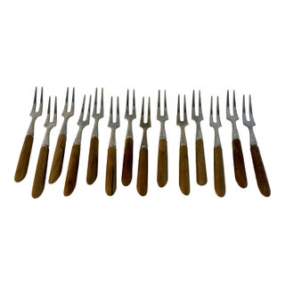 Vintage Japanese Mid-Century Stainless & Wood Cocktail Forks — Set of 12 For Sale