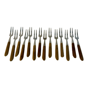 Vintage Japanese Mid-Century Stainless & Wood Cocktail Forks — Set of 12
