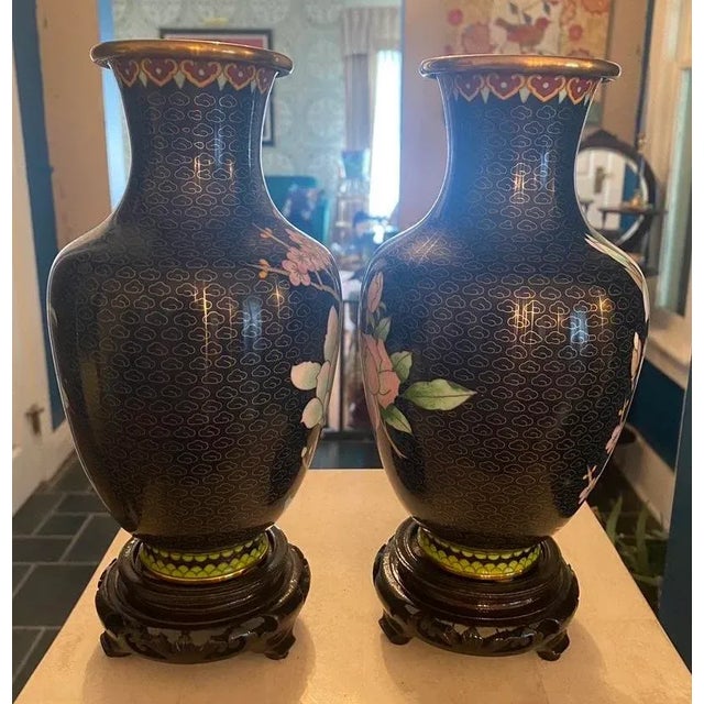 Pair of Late 20th Century Black Cloisonné Vases With Pink Roses For Sale In Chicago - Image 6 of 12