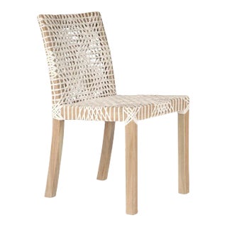 White Leather Woven Lulua Dining Chair Teak Wood For Sale