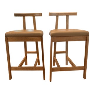 Pair of Natural Wood/Faux Leather Lulu and Georgia Barstools (Counter Height) For Sale
