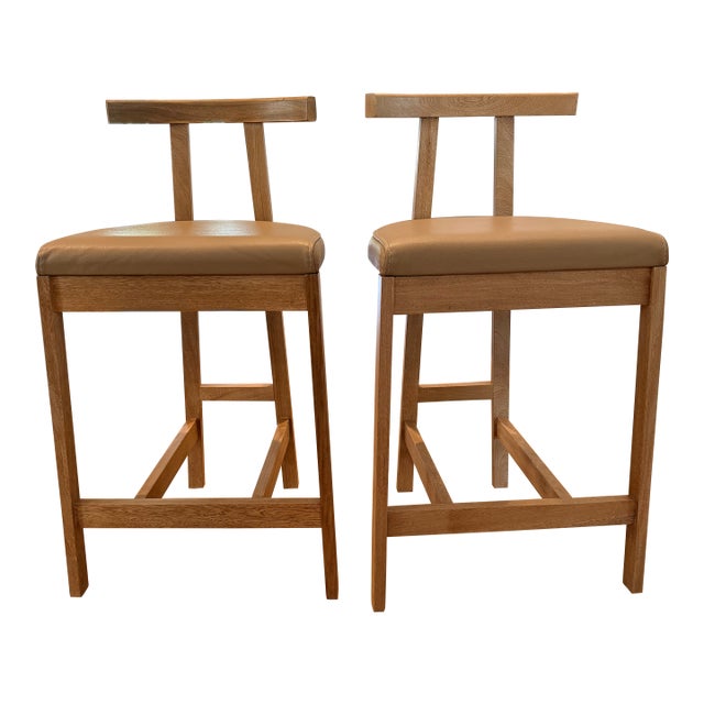 Pair of Natural Wood/Faux Leather Lulu and Georgia Barstools (Counter Height) For Sale