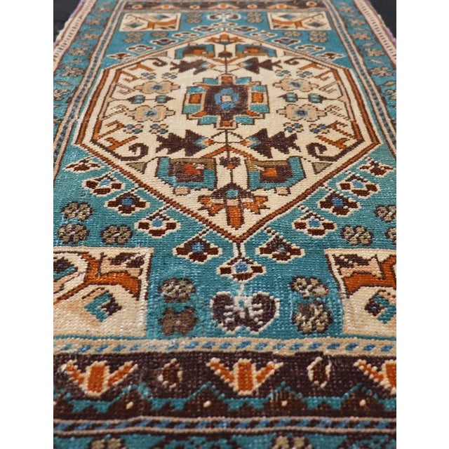 Tribal Vintage Turkish Oushak Rug in Teal Color With Geometric Medallion Design For Sale - Image 3 of 8
