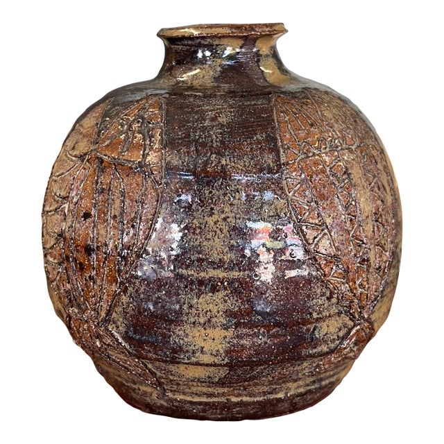 Studio Pottery Vase by Nelson With Incised Geometric Motifs and Earthy Glaze. For Sale