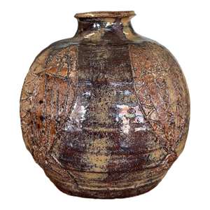 Studio Pottery Vase by Nelson With Incised Geometric Motifs and Earthy Glaze.