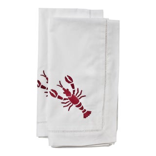 Lobster Dinner Napkins White Cotton with Hem Stitch, Embroidered in - a Pair For Sale