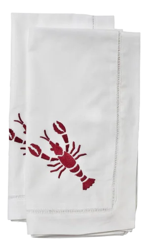 Lobster Dinner Napkins White Cotton with Hem Stitch, Embroidered in - a Pair