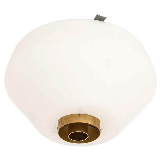 Metal Mid-Century Flush Mounts in Brass and Opaline Glass by Lisa Johansson-Pape, 1950s For Sale - Image 7 of 7