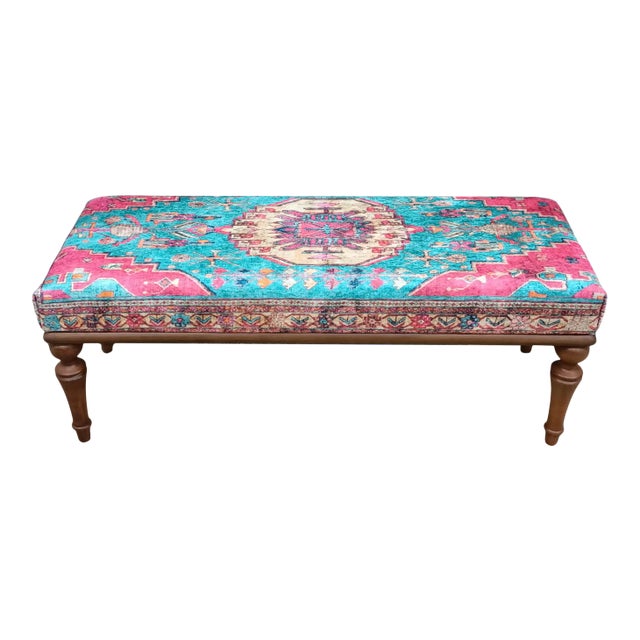 Bohemian Rug Print Fabric Upholstered Handmade Walnut Bench For Sale