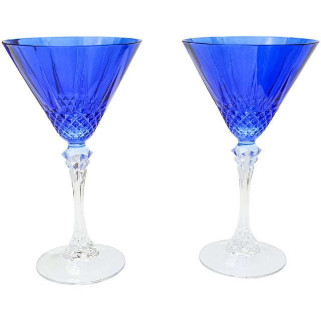 Vintage Blue Crystal-Cut Flutes, S/2 For Sale In New York - Image 6 of 6