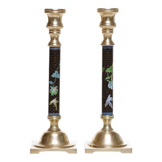 Vintage Cloisonné Black Brass Candle Stick Holders (Pair) For Sale