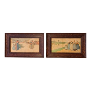 1900s Henri Cassiers Flemish Life Watercolor Original Chromolithographs - Set of 2 For Sale
