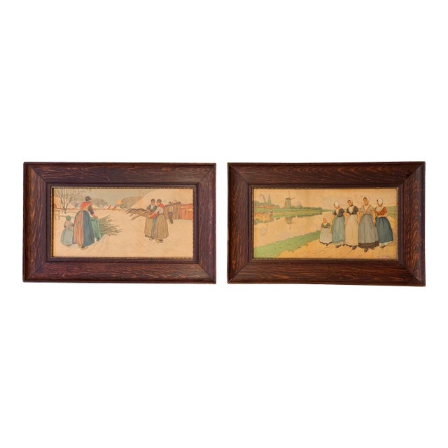 1900s Henri Cassiers Flemish Life Watercolor Original Chromolithographs - Set of 2 For Sale
