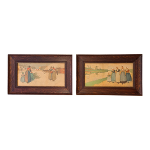 1900s Henri Cassiers Flemish Life Watercolor Original Chromolithographs - Set of 2