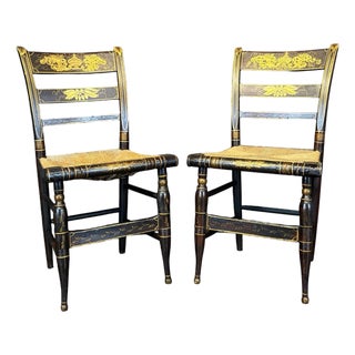 Early 19th Century American Painted Hitchcock-Style Side Chairs With Rush Seats and Gilt Stenciling For Sale